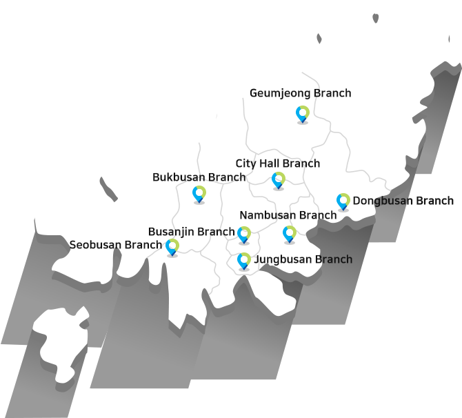 부산신용보증재단 영업점들이 마크된 부산시 지도 이미지. 영업점 : 본점/시청지점, 금정지점, 동부산지점, 남부산지점, 북부산지점, 중부산지점, 서부산지점, 부산진지점, 재기지원센터, 희망드림센터